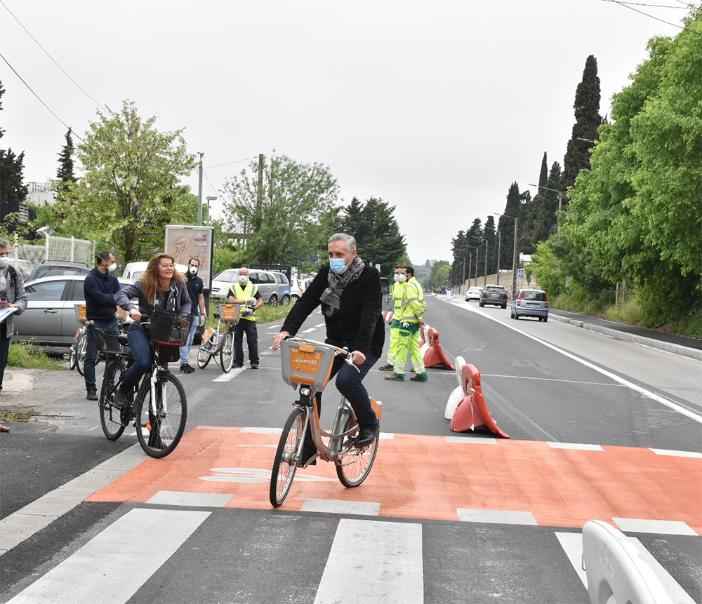 CP : Philippe SAUREL a ouvert à la circulation la première piste cyclable temporaire réalisée entre Montpellier et Castelnau-le-Lez