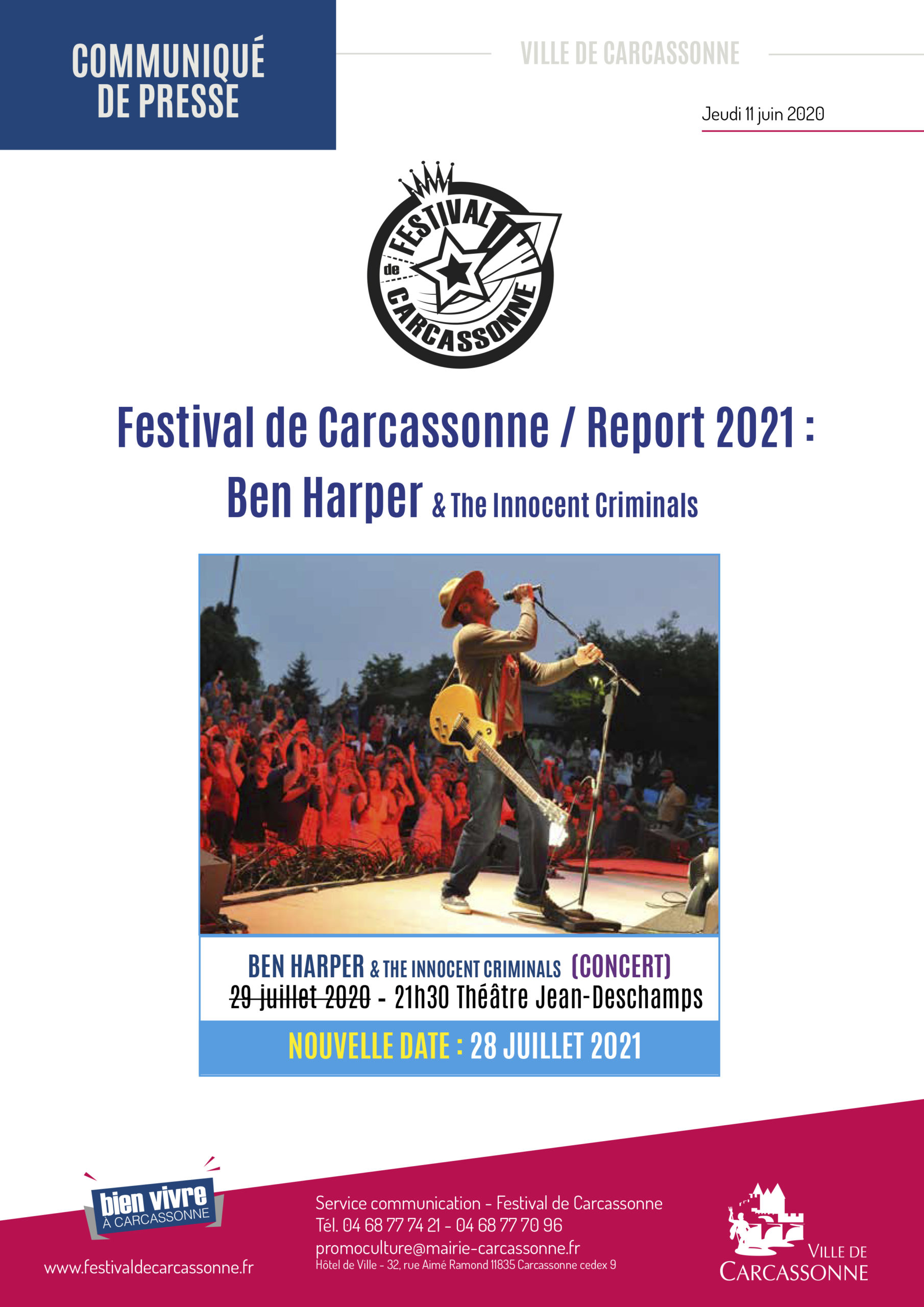 CP : Ben Harper & The Innocent Criminals reporté au Festival de Carcassonne 2021