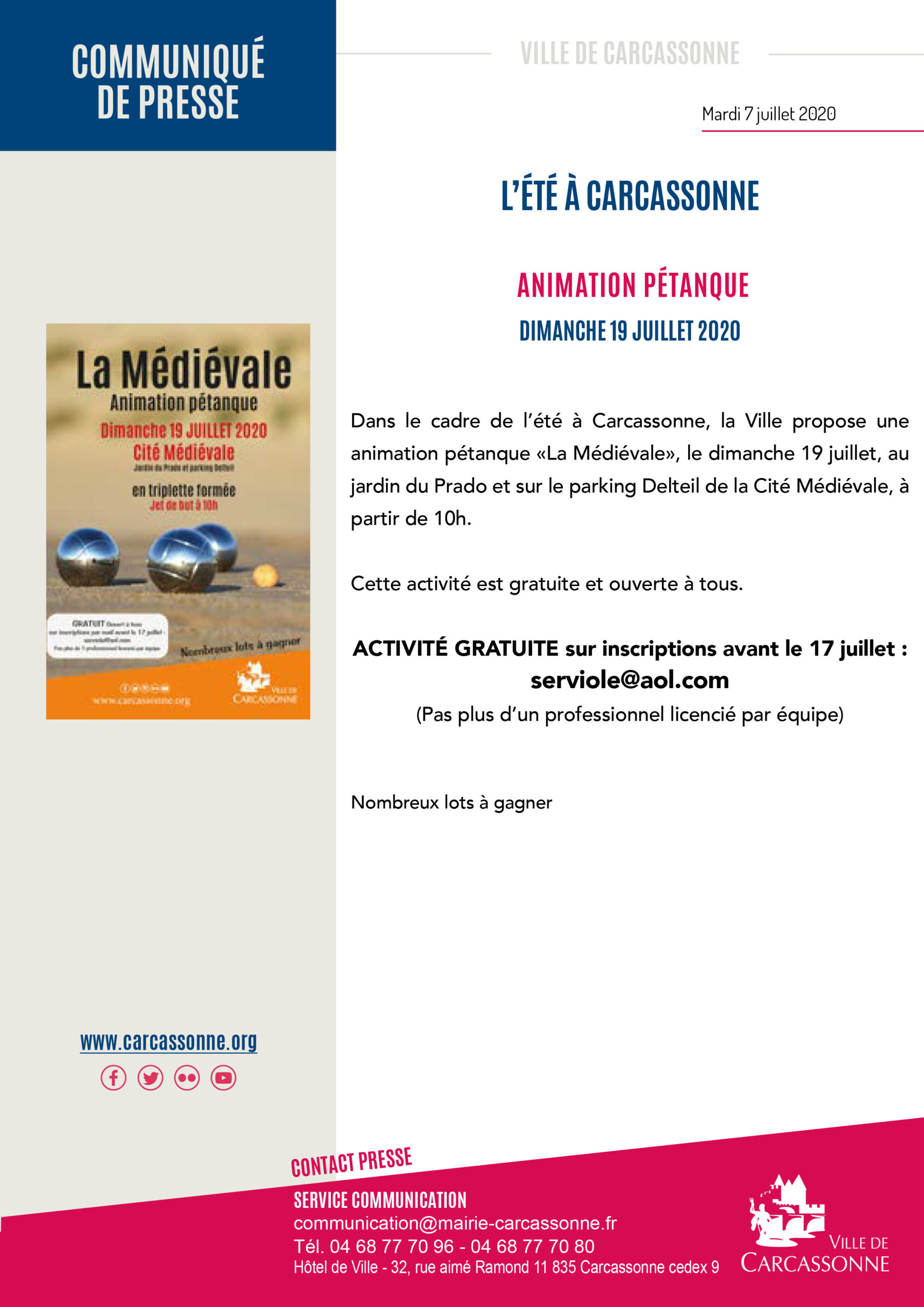 INFORMATION PRESSE – Ville de Carcassonne – ANIMATION PÉTANQUE