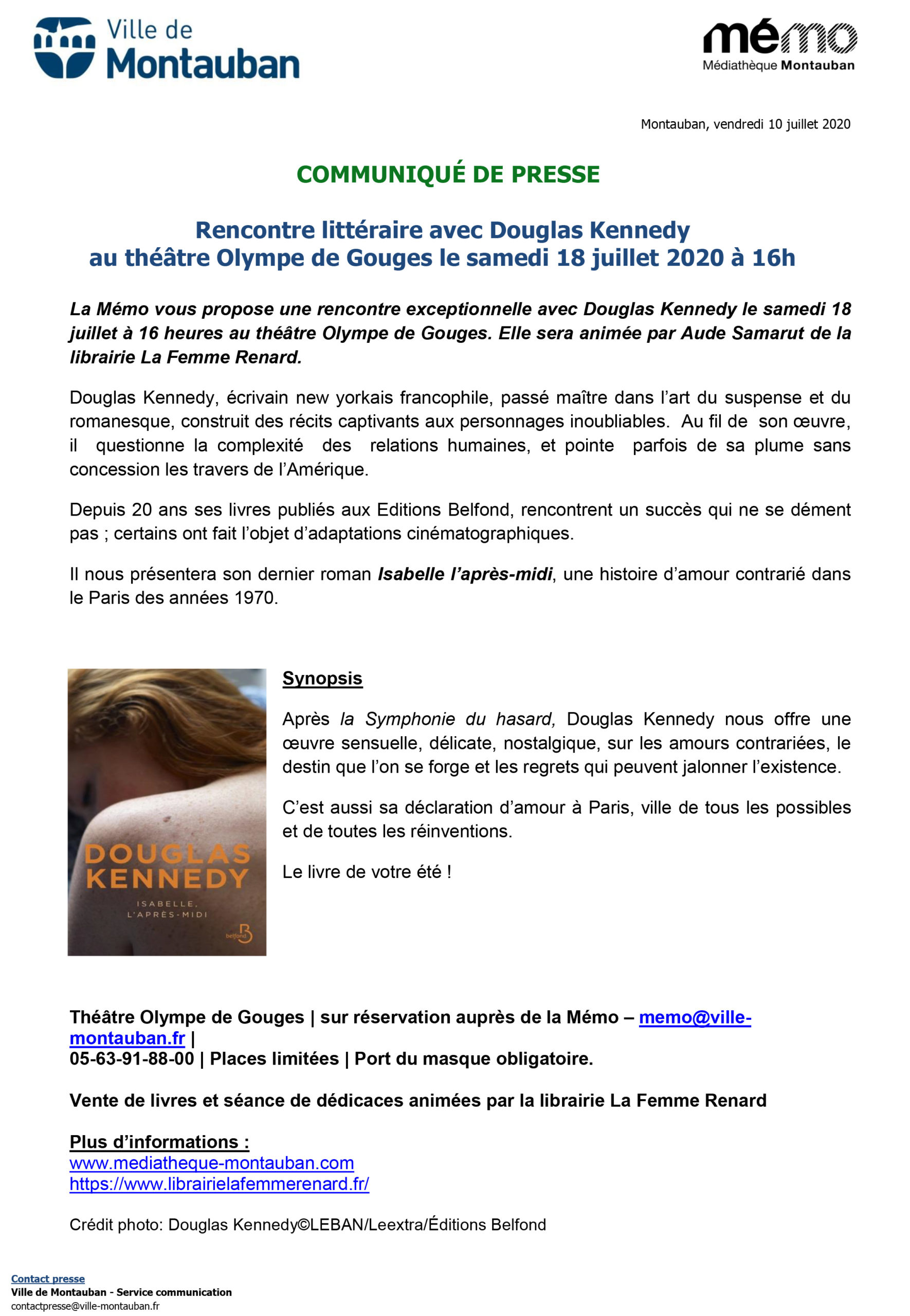 COMMUNIQUÉ DE PRESSE: Rencontre littéraire avec Douglas Kennedy au théâtre Olympe de Gouges le samedi 18 juillet 2020 à 16h