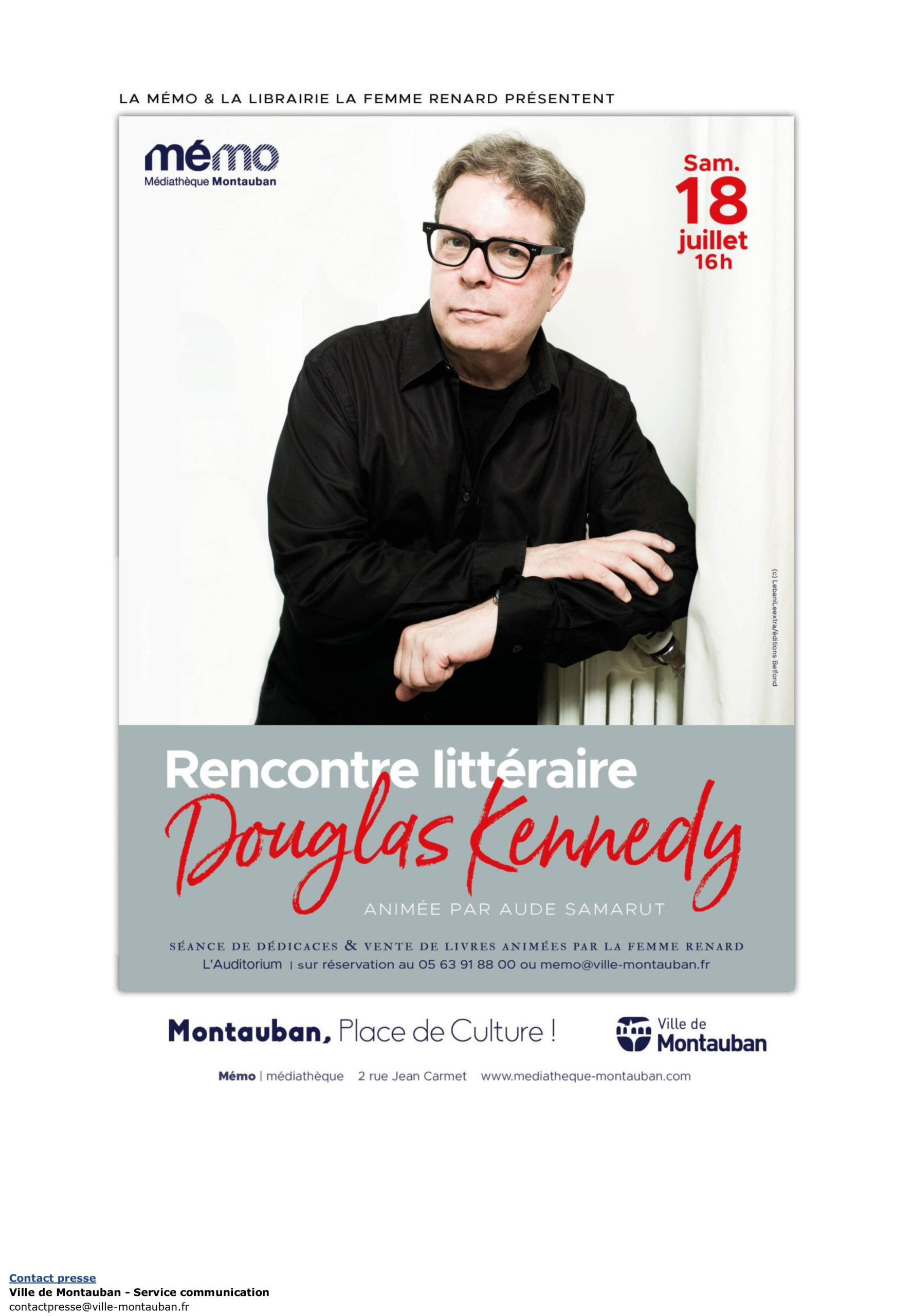 COMMUNIQUÉ DE PRESSE: Rencontre littéraire avec Douglas Kennedy au théâtre Olympe de Gouges le samedi 18 juillet 2020 à 16h
