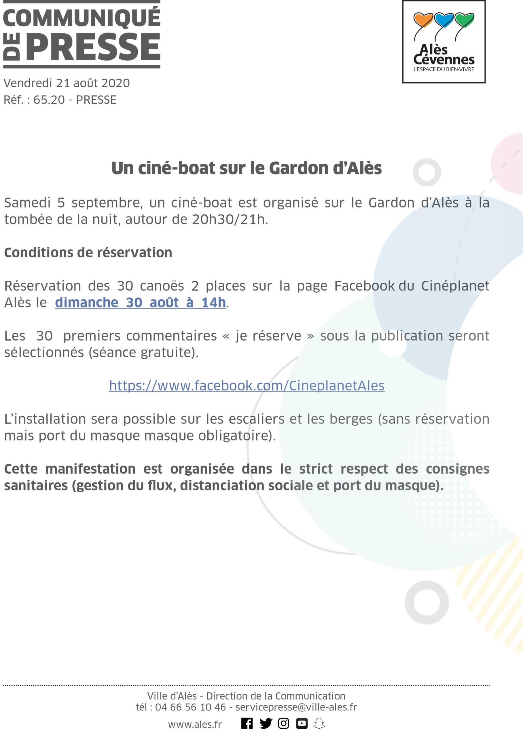 COMMUNIQUÉ DE PRESSE – Un ciné-boat sur le Gardon d’Alès le samedi 5 septembre 2020