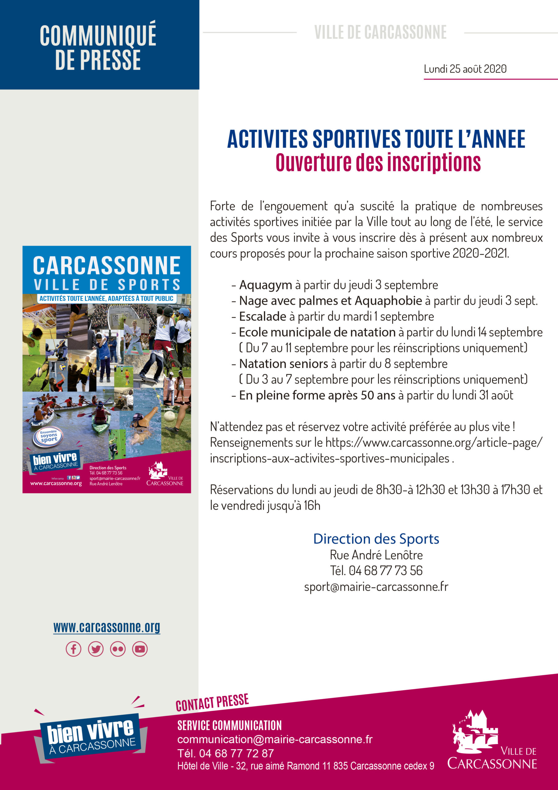 INFORMATION PRESSE – Ville de Carcassonne – Inscriptions aux activités sportives de la rentrée