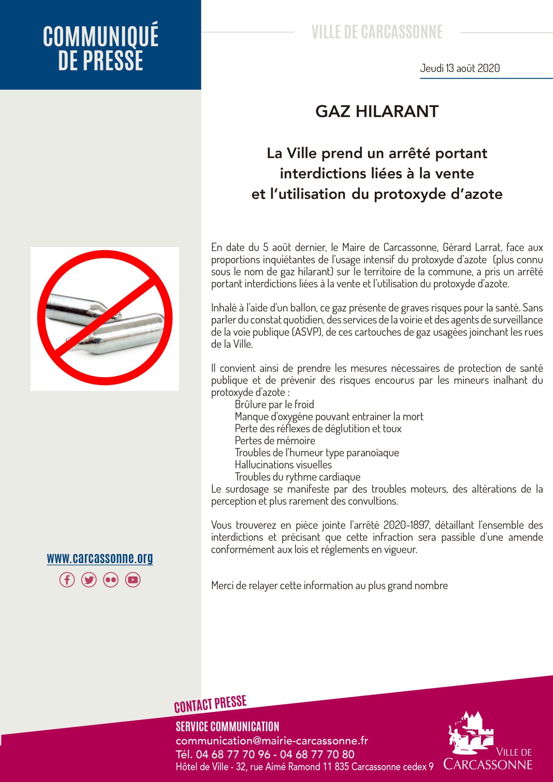 INFORMATION PRESSE – Ville de Carcassonne – ARRÊTÉ INTERDICTION PROTOXYDE D’AZOTE