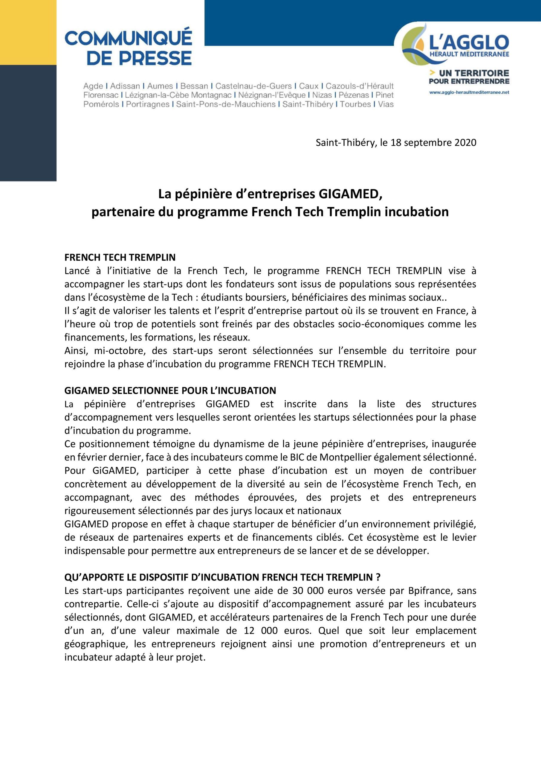 CP- La pépinière d’entreprises Gigamed partenaire du programme French Tech Tremplin incubation