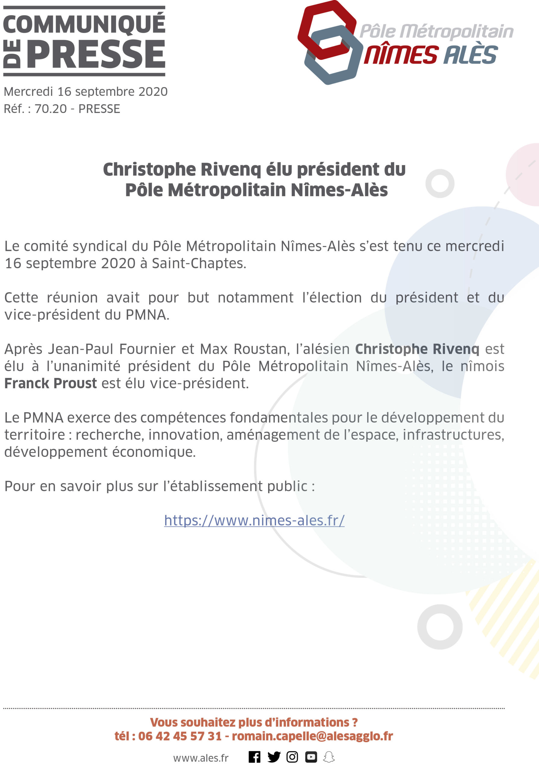 COMMUNIQUÉ DE PRESSE – Christophe Rivenq élu président du Pôle Métropolitain Nîmes-Alès