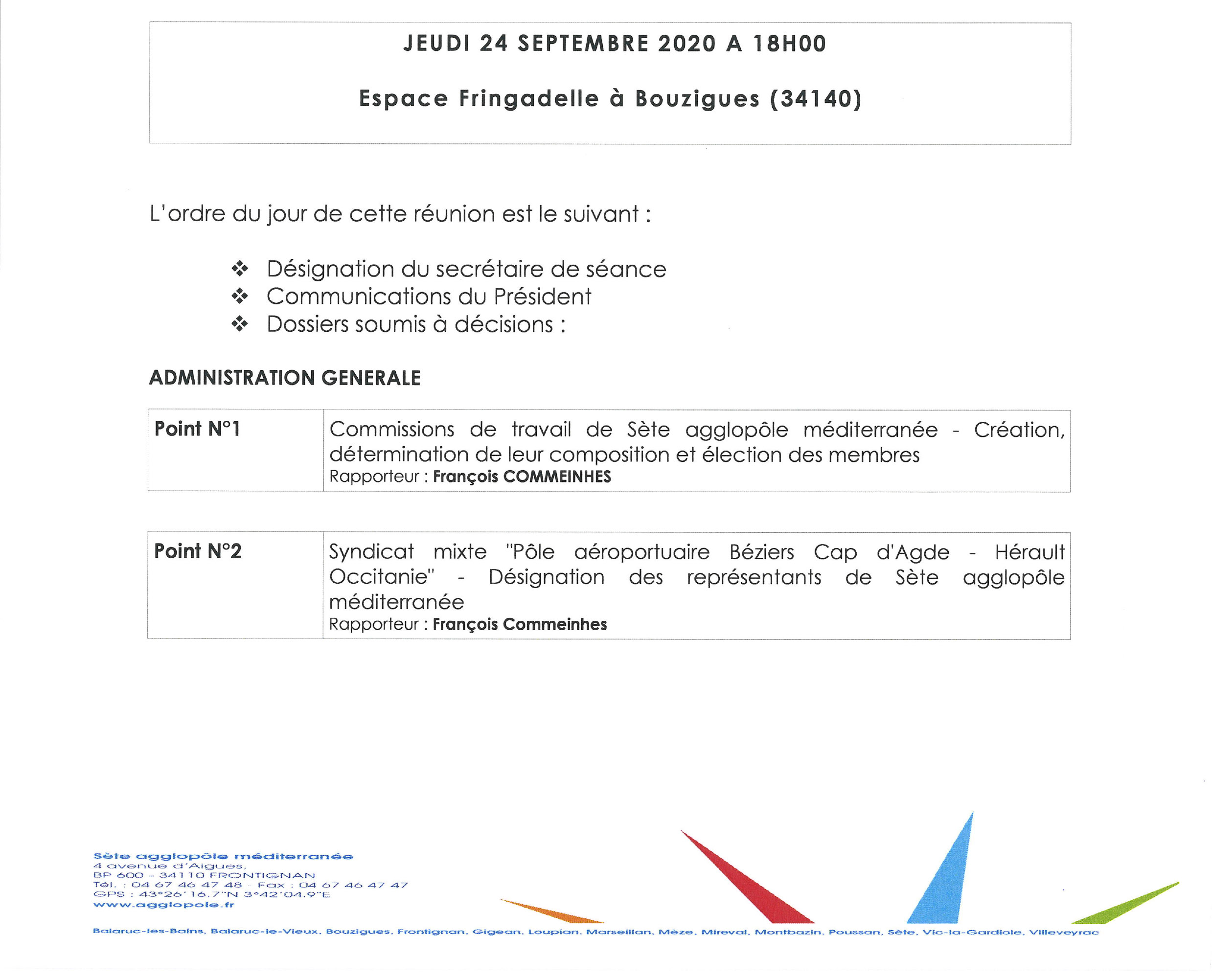 Conseil Communautaire – jeudi 24 septembre à Bouzigues – Espace Fringadelle- 18h