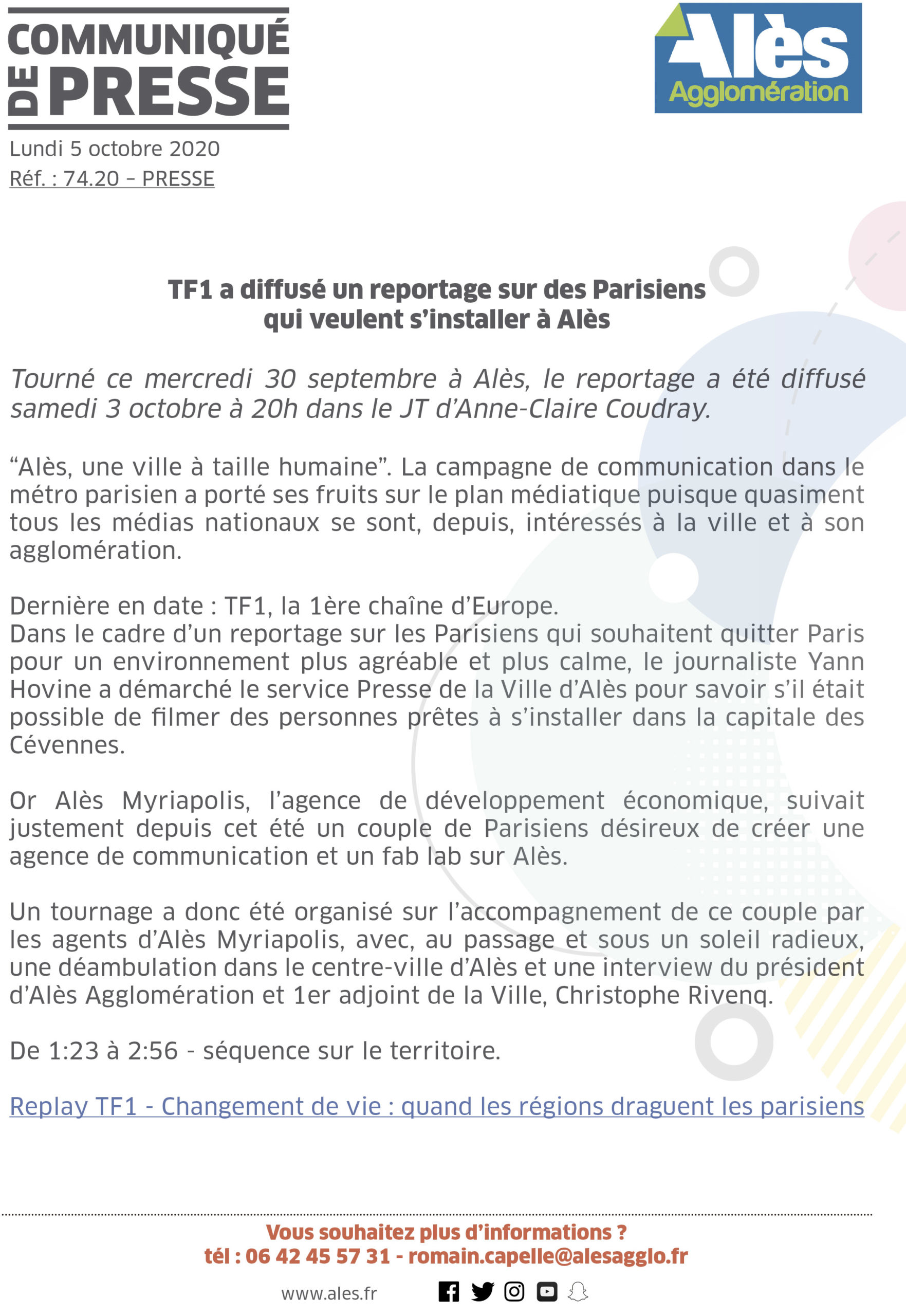 COMMUNIQUÉ DE PRESSE – TF1 a diffusé un reportage sur des Parisiens qui veulent s’installer à Alès
