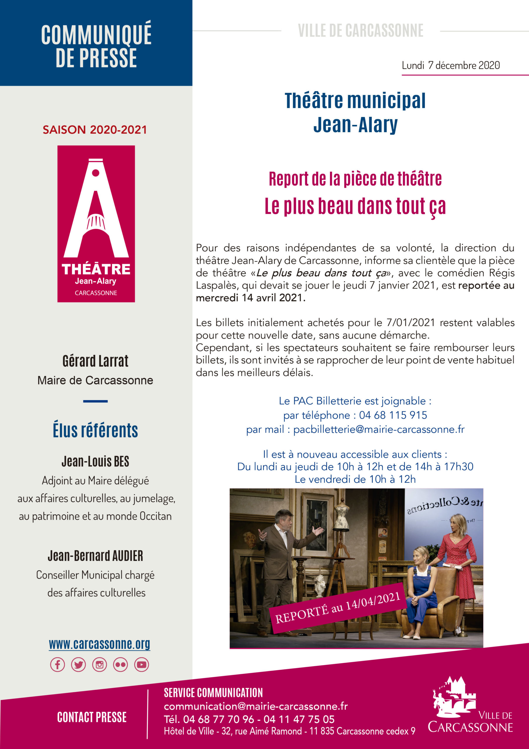 Communiqué de PRESSE Théâtre Jean-Alary – Pièce Le plus beau dans tout ça / reporté